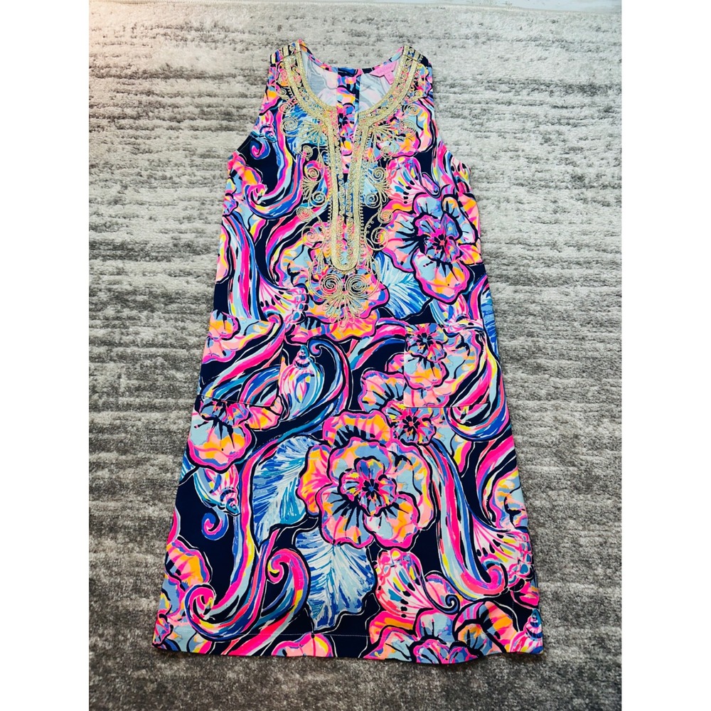 Lilly Pulitzer Shift Dress Womens 8 Floral Gold Embroidered Sleeveless
